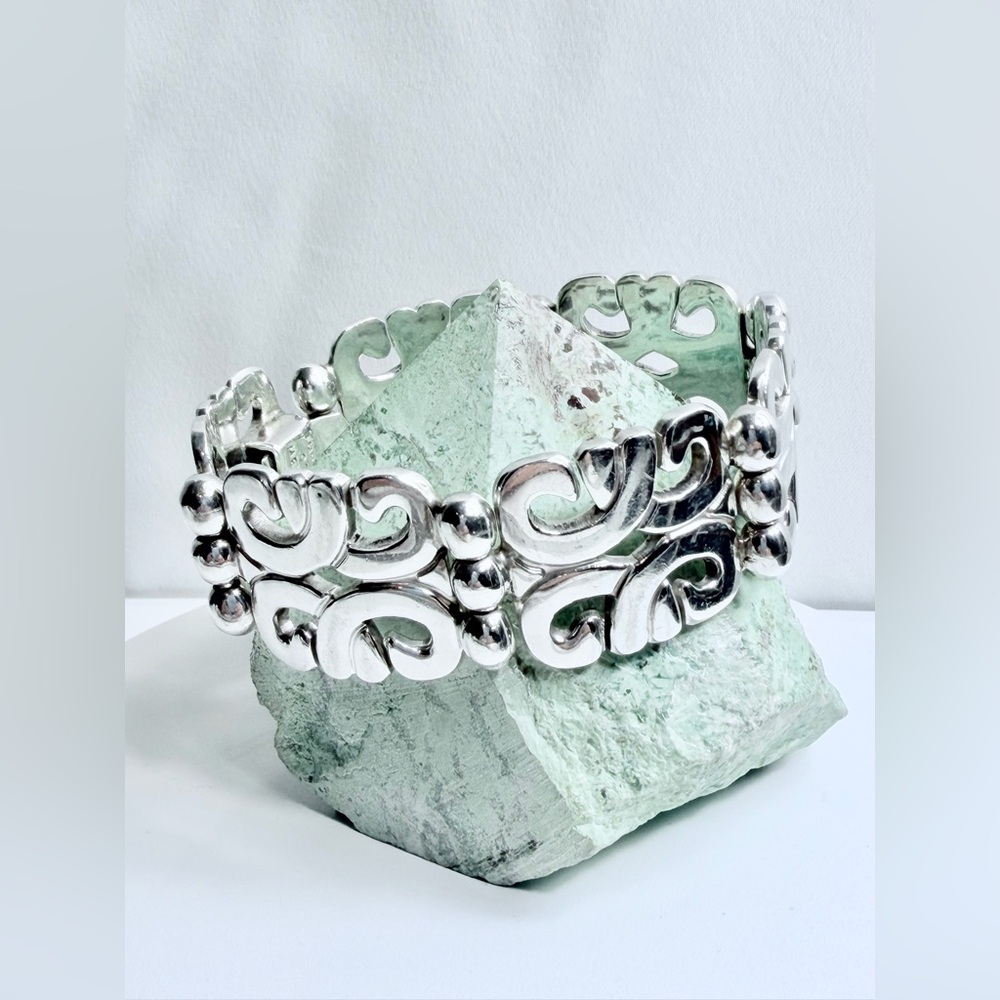 Vintage Rare Heavy Sterling Silver Hinged Panel Bracelet w/Safety Chain - Signed